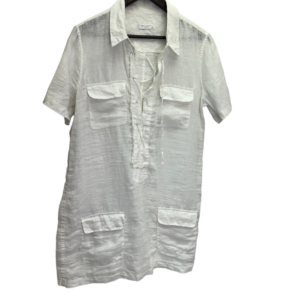 Equipment White 100% Linen Shirt Dress Collar Short Sleeve Size M - Picture 2 of 9